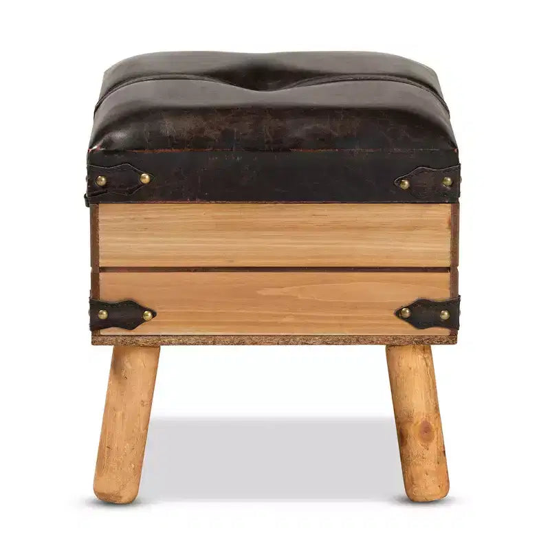 Pouf de rangement Amena Wood Small en velours marron foncé/chêne, de forme rectangulaire, nettoyage des taches