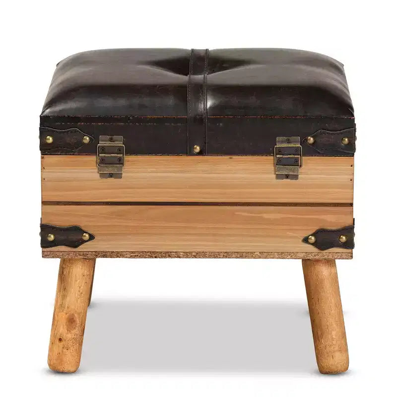 Pouf de rangement Amena Wood Small en velours marron foncé/chêne, de forme rectangulaire, nettoyage des taches