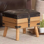 Pouf de rangement Amena Wood Small en velours marron foncé/chêne, de forme rectangulaire, nettoyage des taches