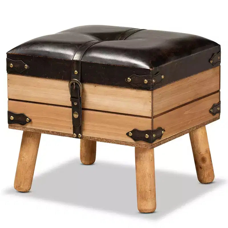 Pouf de rangement Amena Wood Small en velours marron foncé/chêne, de forme rectangulaire, nettoyage des taches