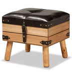Pouf de rangement Amena Wood Small en velours marron foncé/chêne, de forme rectangulaire, nettoyage des taches