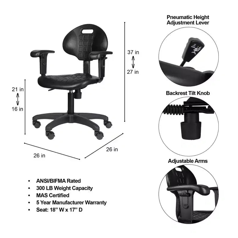 Chaise de travail en polyuréthane réglable en hauteur de 16 à 21 po avec accoudoirs, pivotante à 360°, capacité de 300 lb, garantie de 10 ans
