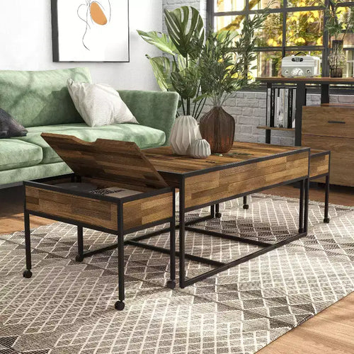 Ensemble de 3 tables basses gigognes industrielles et table d'appoint, rangement avec plateau relevable, roulettes verrouillables, acier et bois noirs
