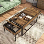 Ensemble de 3 tables basses gigognes industrielles et table d'appoint, rangement avec plateau relevable, roulettes verrouillables, acier et bois noirs
