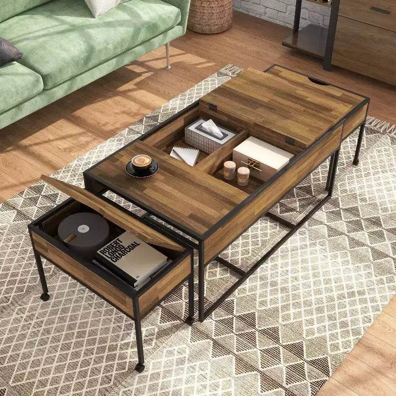 Ensemble de 3 tables basses gigognes industrielles et table d'appoint, rangement avec plateau relevable, roulettes verrouillables, acier et bois noirs
