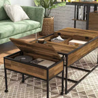 Ensemble de 3 tables basses gigognes industrielles et table d'appoint, rangement avec plateau relevable, roulettes verrouillables, acier et bois noirs