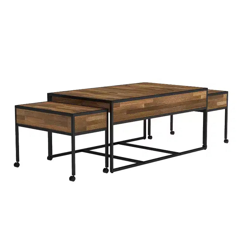 Ensemble de 3 tables basses gigognes industrielles et table d'appoint, rangement avec plateau relevable, roulettes verrouillables, acier et bois noirs