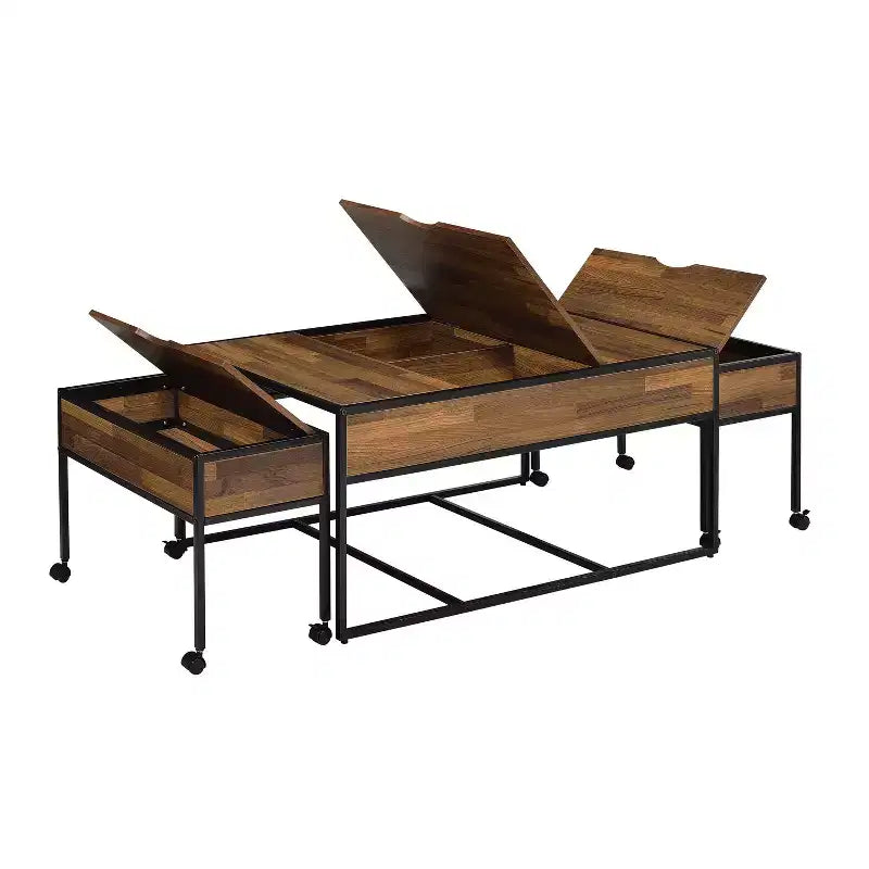 Ensemble de 3 tables basses gigognes industrielles et table d'appoint, rangement avec plateau relevable, roulettes verrouillables, acier et bois noirs