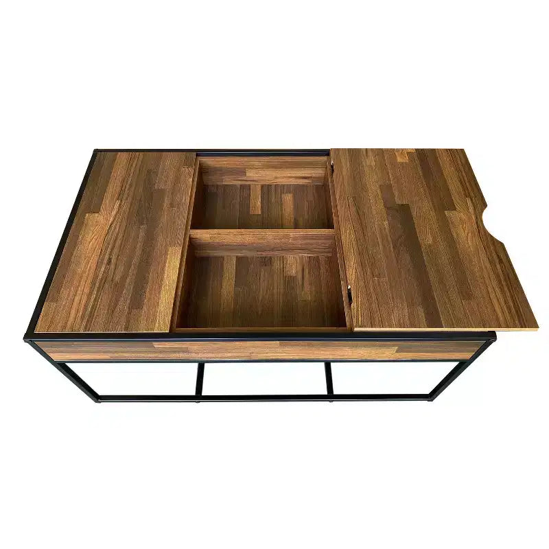 Ensemble de 3 tables basses gigognes industrielles et table d'appoint, rangement avec plateau relevable, roulettes verrouillables, acier et bois noirs