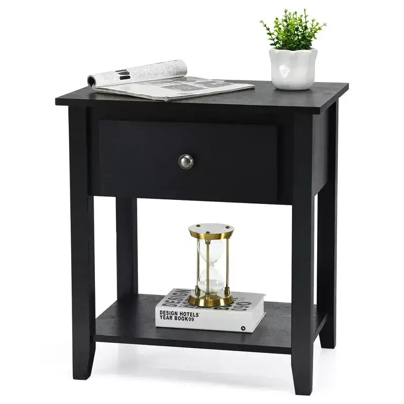 Table de chevet blanche avec tiroir et étagère inférieure, pieds en pin massif, plateau en MDF, 38 x 56 x 61 cm