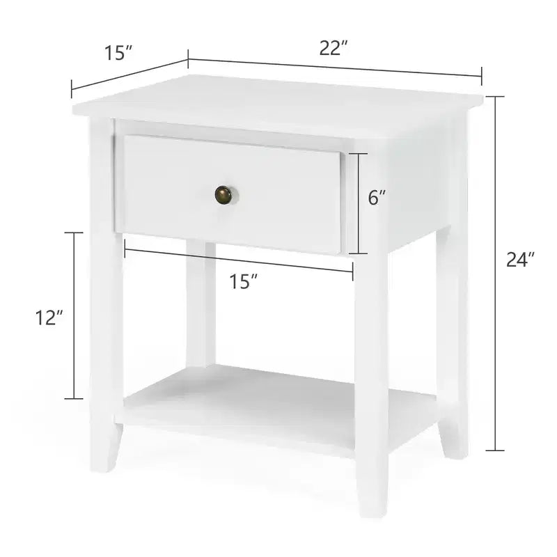 Table de chevet blanche avec tiroir et étagère inférieure, pieds en pin massif, plateau en MDF, 38 x 56 x 61 cm