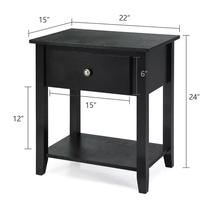 Table de chevet blanche avec tiroir et étagère inférieure, pieds en pin massif, plateau en MDF, 38 x 56 x 61 cm