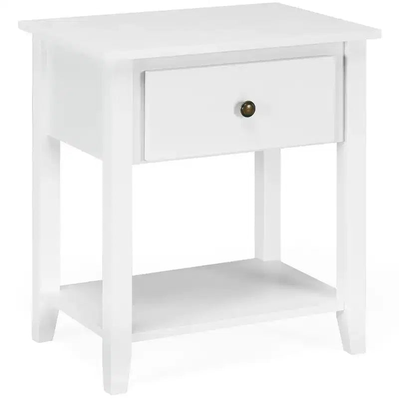 Table de chevet blanche avec tiroir et étagère inférieure, pieds en pin massif, plateau en MDF, 38 x 56 x 61 cm