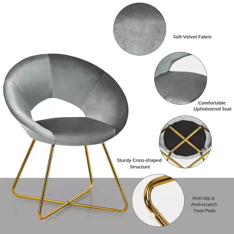 Fauteuil d'appoint moderne en velours avec pieds en métal doré et dossier incurvé ergonomique, capacité de 136 kg — Rose/Vert foncé/Gris