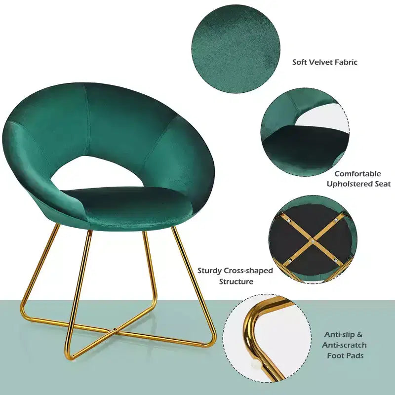 Fauteuil d'appoint moderne en velours avec pieds en métal doré et dossier incurvé ergonomique, capacité de 136 kg — Rose/Vert foncé/Gris
