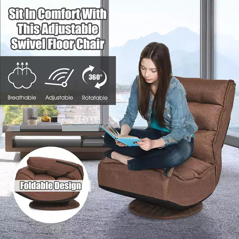 Fauteuil de jeu pivotant à 360°, canapé paresseux pliant 5 positions, en tissu, capacité de 136 kg — Gris/Noir/Café