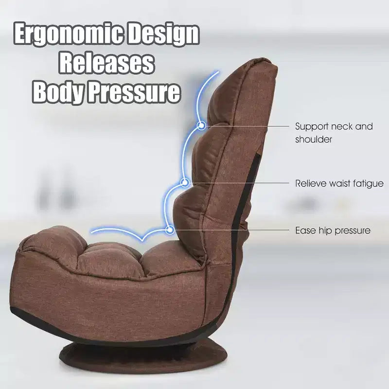 Fauteuil de jeu pivotant à 360°, canapé paresseux pliant 5 positions, en tissu, capacité de 136 kg — Gris/Noir/Café
