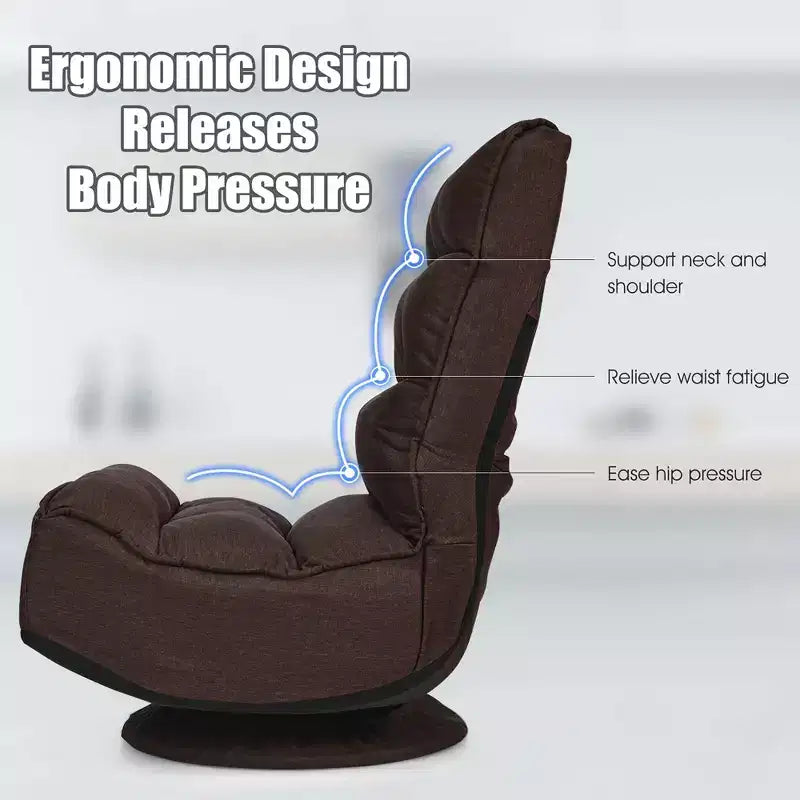 Fauteuil de jeu pivotant à 360°, canapé paresseux pliant 5 positions, en tissu, capacité de 136 kg — Gris/Noir/Café