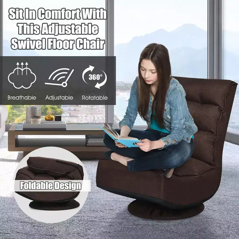 Fauteuil de jeu pivotant à 360°, canapé paresseux pliant 5 positions, en tissu, capacité de 136 kg — Gris/Noir/Café