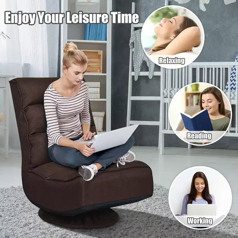 Fauteuil de jeu pivotant à 360°, canapé paresseux pliant 5 positions, en tissu, capacité de 136 kg — Gris/Noir/Café