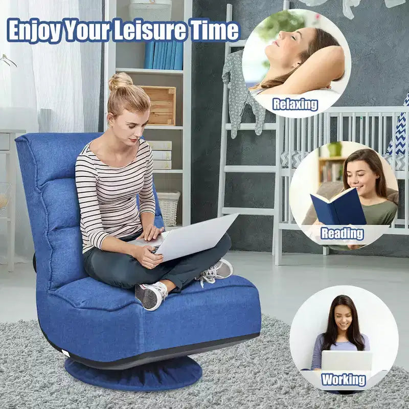 Fauteuil de jeu pivotant à 360°, canapé paresseux pliant 5 positions, en tissu, capacité de 136 kg — Gris/Noir/Café