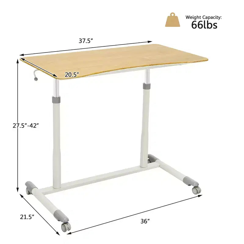 Bureau d'ordinateur roulant réglable en hauteur, 70-107 cm, vérin à gaz, 4 roues