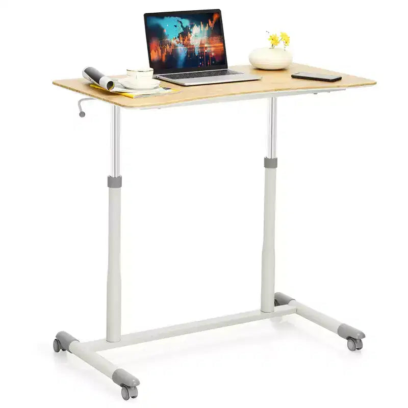 Bureau d'ordinateur roulant réglable en hauteur, 70-107 cm, vérin à gaz, 4 roues