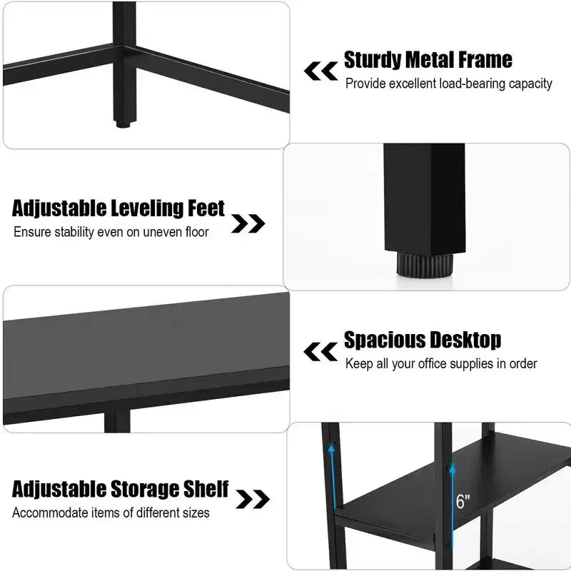 Bureau informatique 55 po avec 2 étagères ouvertes et une étagère supérieure réglable, capacité de 110 lb — Noir/Café/Brun