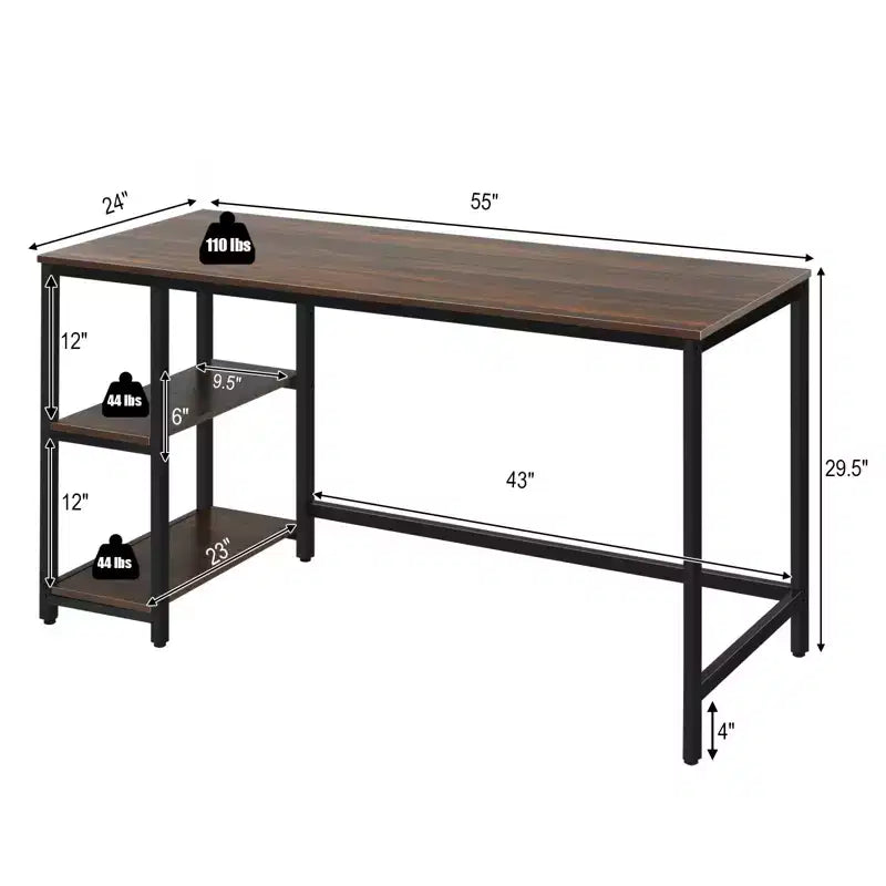 Bureau informatique 55 po avec 2 étagères ouvertes et une étagère supérieure réglable, capacité de 110 lb — Noir/Café/Brun