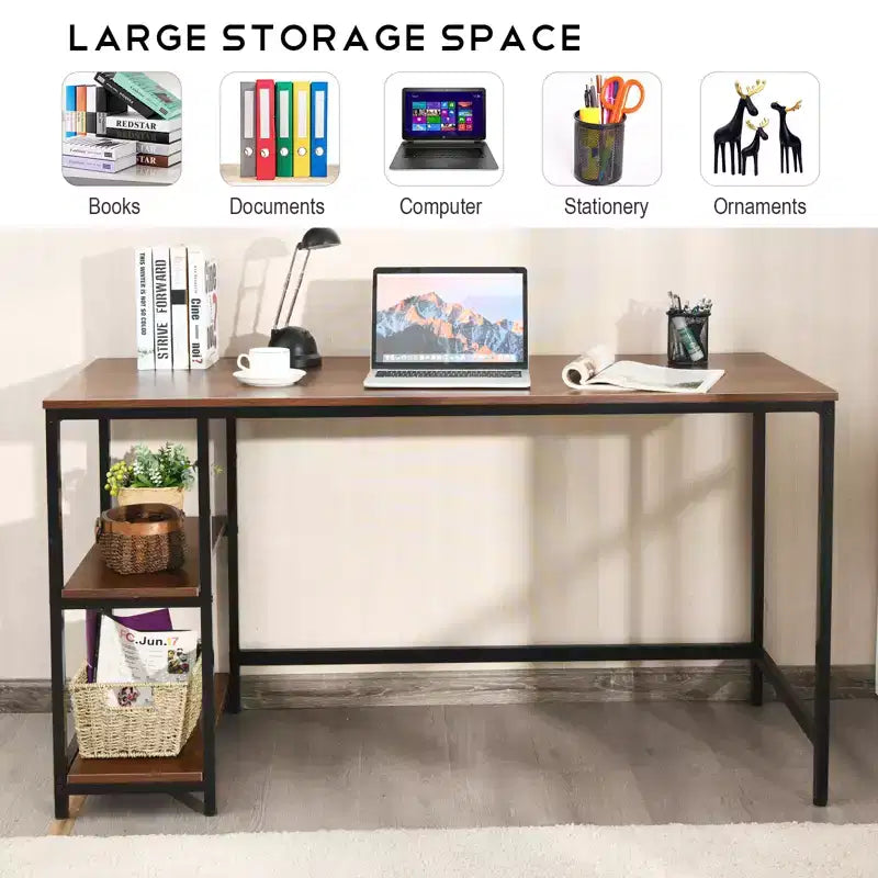 Bureau informatique 55 po avec 2 étagères ouvertes et une étagère supérieure réglable, capacité de 110 lb — Noir/Café/Brun