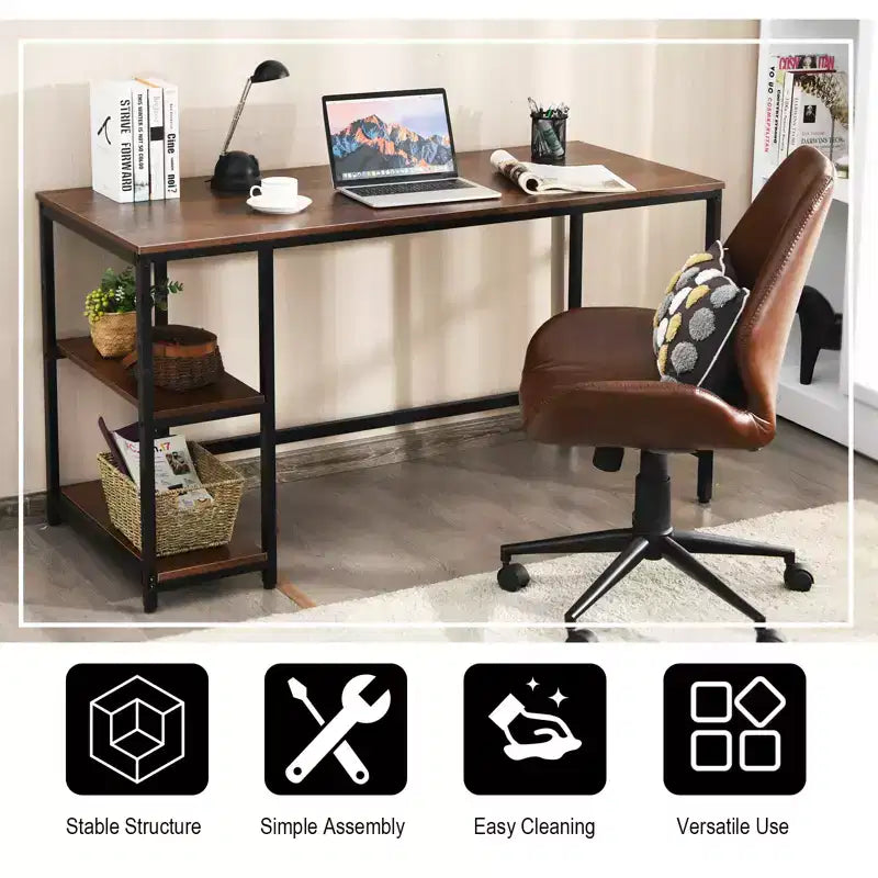 Bureau informatique 55 po avec 2 étagères ouvertes et une étagère supérieure réglable, capacité de 110 lb — Noir/Café/Brun
