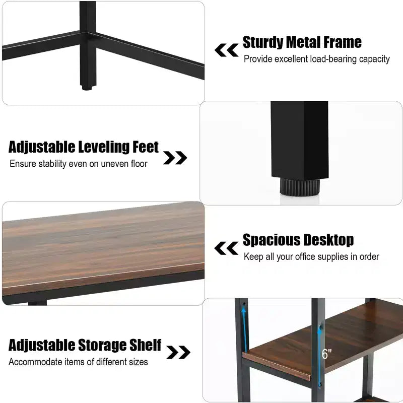 Bureau informatique 55 po avec 2 étagères ouvertes et une étagère supérieure réglable, capacité de 110 lb — Noir/Café/Brun