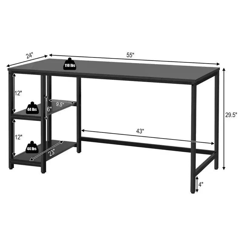 Bureau informatique 55 po avec 2 étagères ouvertes et une étagère supérieure réglable, capacité de 110 lb — Noir/Café/Brun