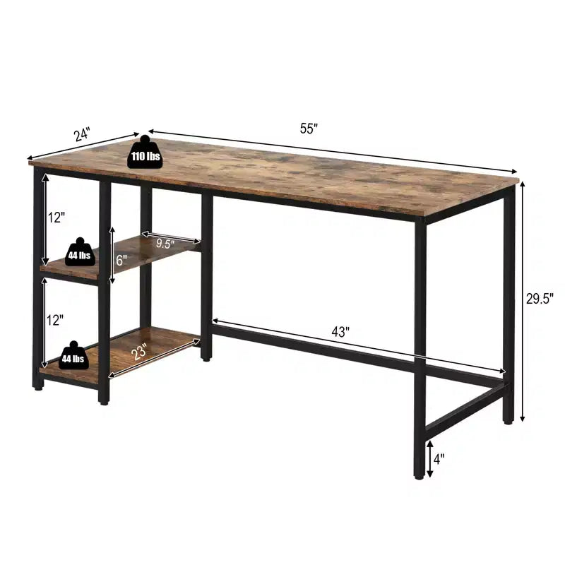 Bureau informatique 55 po avec 2 étagères ouvertes et une étagère supérieure réglable, capacité de 110 lb — Noir/Café/Brun
