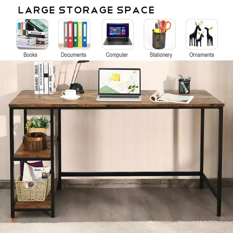Bureau informatique 55 po avec 2 étagères ouvertes et une étagère supérieure réglable, capacité de 110 lb — Noir/Café/Brun