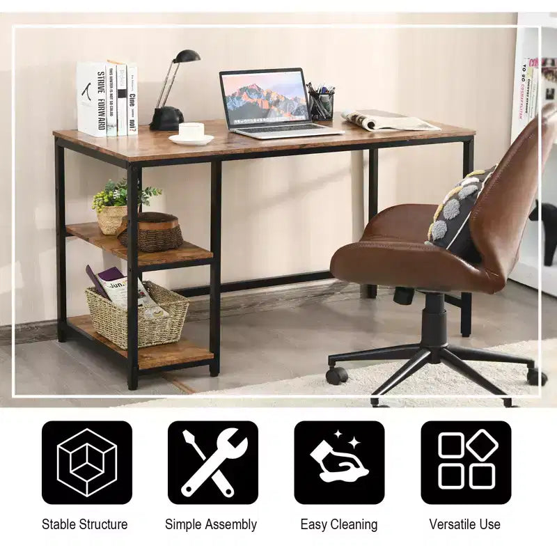 Bureau informatique 55 po avec 2 étagères ouvertes et une étagère supérieure réglable, capacité de 110 lb — Noir/Café/Brun