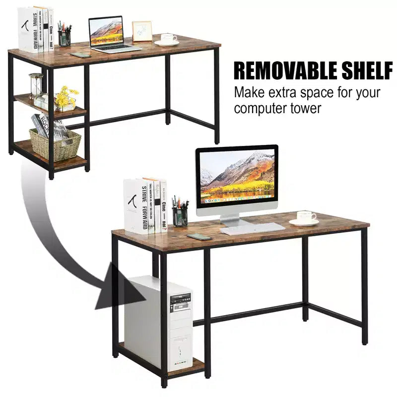 Bureau informatique 55 po avec 2 étagères ouvertes et une étagère supérieure réglable, capacité de 110 lb — Noir/Café/Brun