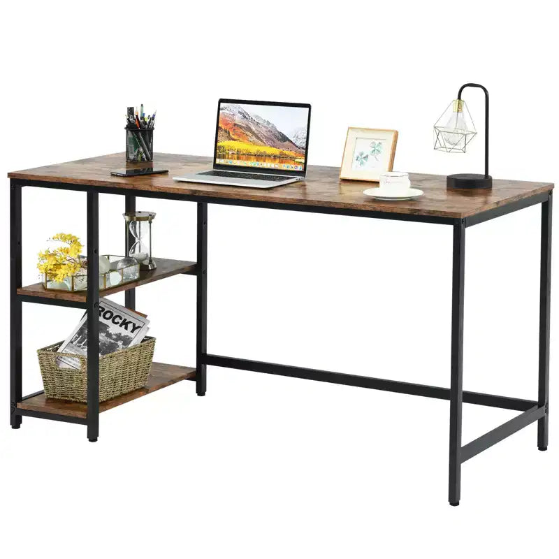 Bureau informatique 55 po avec 2 étagères ouvertes et une étagère supérieure réglable, capacité de 110 lb — Noir/Café/Brun