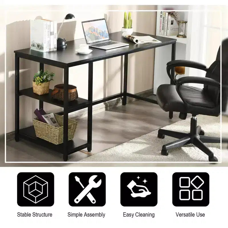Bureau informatique 55 po avec 2 étagères ouvertes et une étagère supérieure réglable, capacité de 110 lb — Noir/Café/Brun