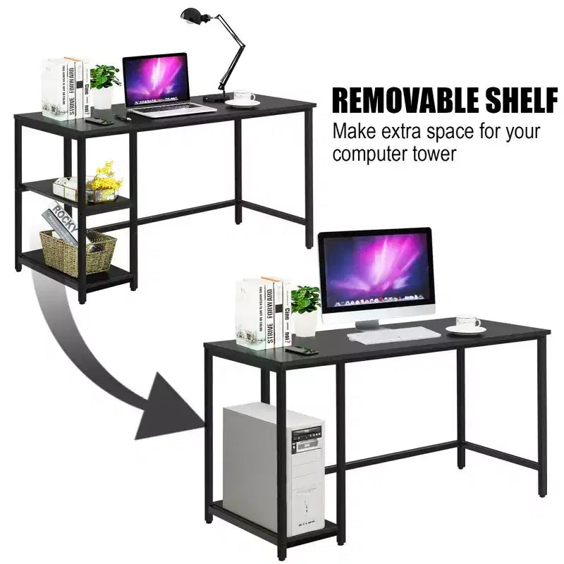 Bureau informatique 55 po avec 2 étagères ouvertes et une étagère supérieure réglable, capacité de 110 lb — Noir/Café/Brun