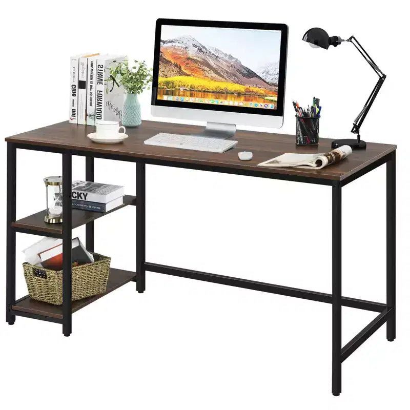 Bureau informatique 55 po avec 2 étagères ouvertes et une étagère supérieure réglable, capacité de 110 lb — Noir/Café/Brun