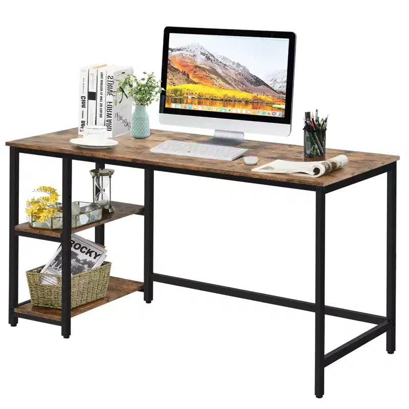 Bureau informatique 55 po avec 2 étagères ouvertes et une étagère supérieure réglable, capacité de 110 lb — Noir/Café/Brun