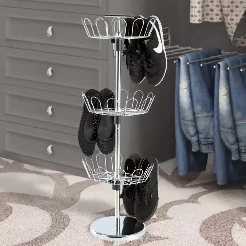 Porte-chaussures vertical rotatif à 3 niveaux, peut contenir 18 paires, autoportant, en acier chromé