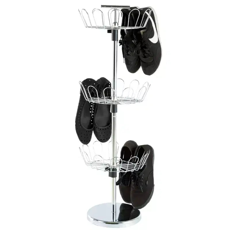Porte-chaussures vertical rotatif à 3 niveaux, peut contenir 18 paires, autoportant, en acier chromé