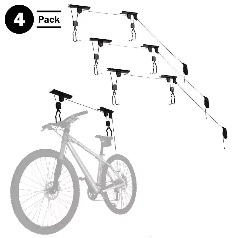 Lot de 4 palans de rangement pour vélo de plafond avec corde à verrouillage automatique et crochets revêtus de PVC, capacité de 45 kg