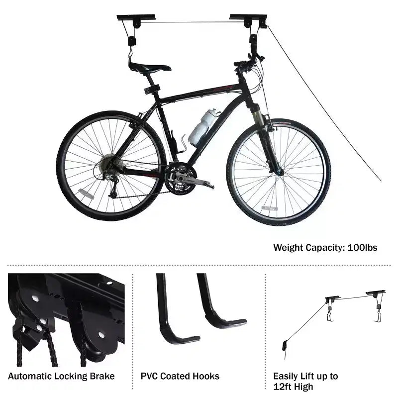 Lot de 4 palans de rangement pour vélo de plafond avec corde à verrouillage automatique et crochets revêtus de PVC, capacité de 45 kg