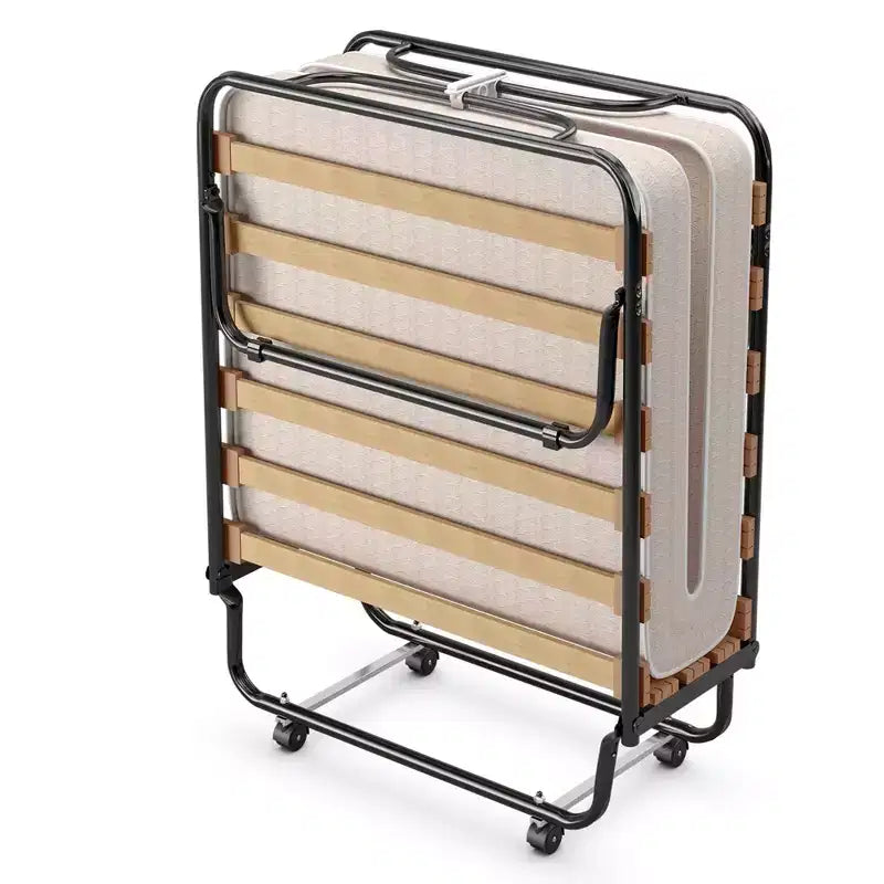 Lit pliant portatif avec matelas en mousse, cadre en acier, 4 roulettes, bleu marine/beige