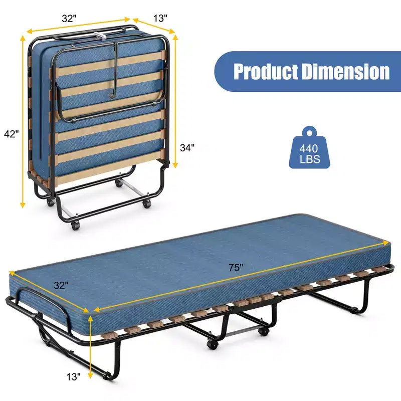 Lit pliant portatif avec matelas en mousse, cadre en acier, 4 roulettes, bleu marine/beige