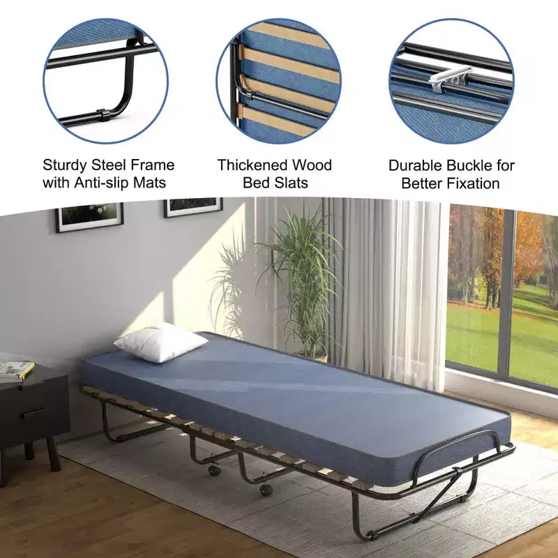 Lit pliant portatif avec matelas en mousse, cadre en acier, 4 roulettes, bleu marine/beige