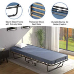 Lit pliant portatif avec matelas en mousse, cadre en acier, 4 roulettes, bleu marine/beige